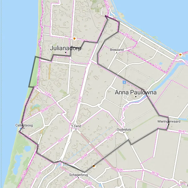 Map miniature of "Oudesluis to Anna Paulowna" cycling inspiration in Noord-Holland, Netherlands. Generated by Tarmacs.app cycling route planner