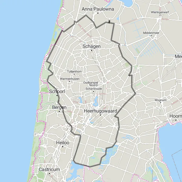Map miniature of "Kolhorn to Oudesluis" cycling inspiration in Noord-Holland, Netherlands. Generated by Tarmacs.app cycling route planner