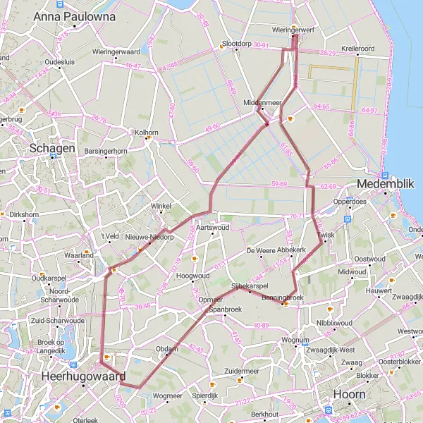 Map miniature of "Gravel Trails to Nieuwe-Niedorp" cycling inspiration in Noord-Holland, Netherlands. Generated by Tarmacs.app cycling route planner