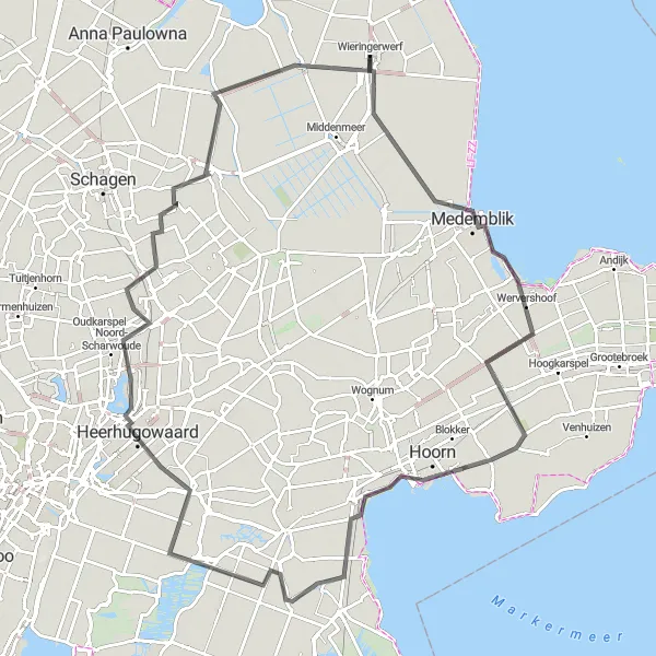 Map miniature of "Explore the North of Noord-Holland" cycling inspiration in Noord-Holland, Netherlands. Generated by Tarmacs.app cycling route planner