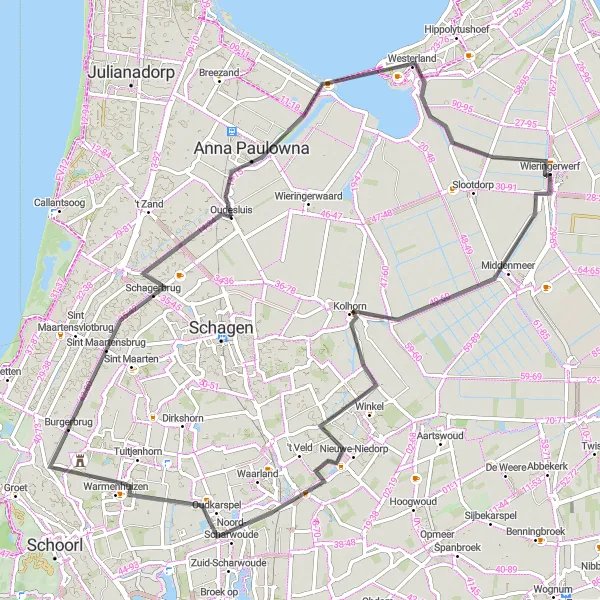 Map miniature of "Charming Villages and Barnewiel Hill" cycling inspiration in Noord-Holland, Netherlands. Generated by Tarmacs.app cycling route planner
