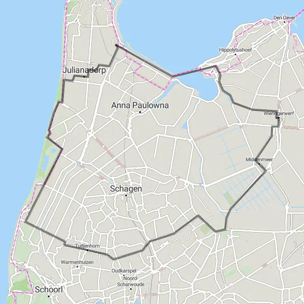 Map miniature of "Coastal Scenery and Flower Fields" cycling inspiration in Noord-Holland, Netherlands. Generated by Tarmacs.app cycling route planner