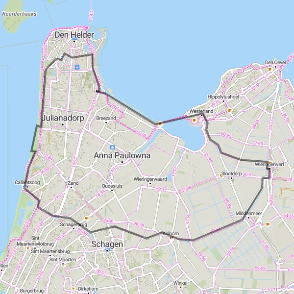 Map miniature of "Coastal Delights" cycling inspiration in Noord-Holland, Netherlands. Generated by Tarmacs.app cycling route planner