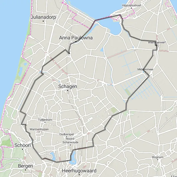 Miniatuurkaart van de fietsinspiratie "De Polderlandschap Route" in Noord-Holland, Netherlands. Gemaakt door de Tarmacs.app fietsrouteplanner