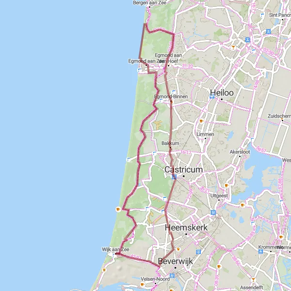 Map miniature of "Gravel Route: Discovery of Egmond" cycling inspiration in Noord-Holland, Netherlands. Generated by Tarmacs.app cycling route planner