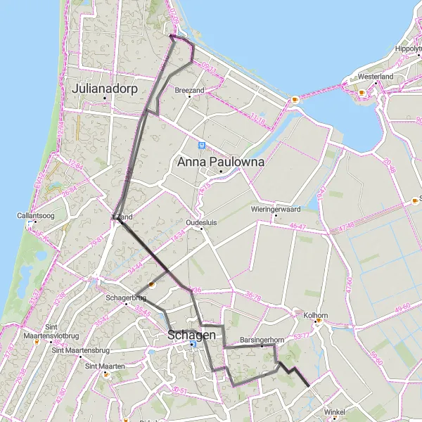 Miniatuurkaart van de fietsinspiratie "Kustlijn en Landelijke Schoonheid" in Noord-Holland, Netherlands. Gemaakt door de Tarmacs.app fietsrouteplanner