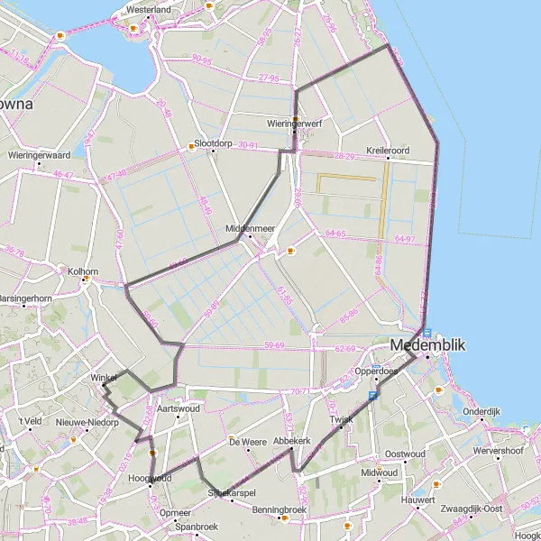 Map miniature of "Middenmeer, Wieringerwerf, Medemblik, Abbekerk, and Gouwe" cycling inspiration in Noord-Holland, Netherlands. Generated by Tarmacs.app cycling route planner