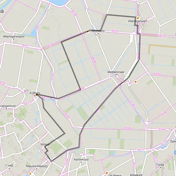 Miniatuurkaart van de fietsinspiratie "Kolhorn - Middenmeer Verkenningstocht" in Noord-Holland, Netherlands. Gemaakt door de Tarmacs.app fietsrouteplanner