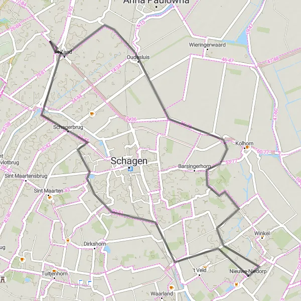 Miniatuurkaart van de fietsinspiratie "Fietsroute door Nieuwe-Niedorp en 't Zand" in Noord-Holland, Netherlands. Gemaakt door de Tarmacs.app fietsrouteplanner