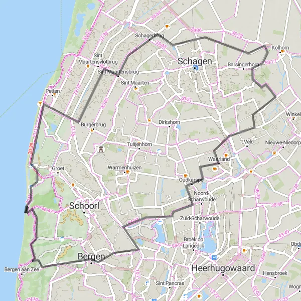 Map miniature of "Waarland to Petten Loop" cycling inspiration in Noord-Holland, Netherlands. Generated by Tarmacs.app cycling route planner
