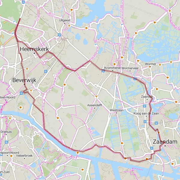 Map miniature of "Countryside Gravel adventure near Zaandam" cycling inspiration in Noord-Holland, Netherlands. Generated by Tarmacs.app cycling route planner