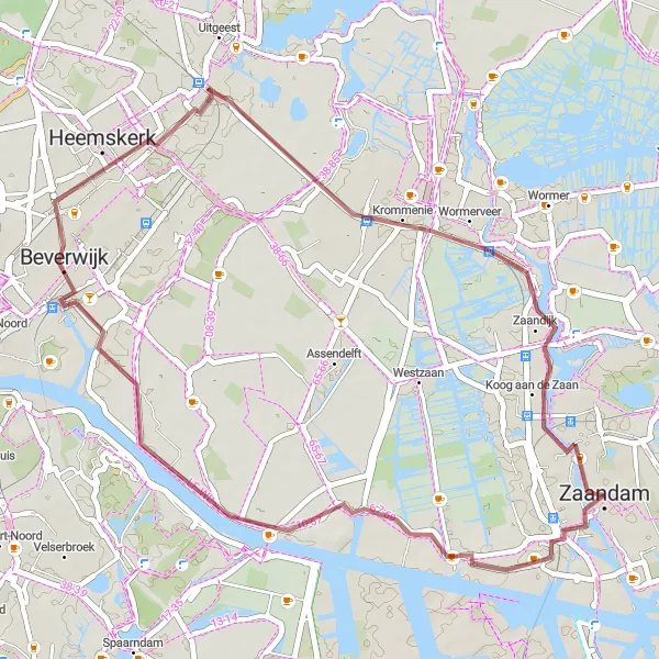 Map miniature of "Scenic Gravel Route to Assum from Zaandam" cycling inspiration in Noord-Holland, Netherlands. Generated by Tarmacs.app cycling route planner