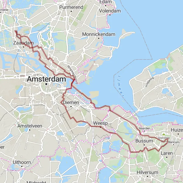 Miniatuurkaart van de fietsinspiratie "Avontuurlijke gravelroute naar Muiden" in Noord-Holland, Netherlands. Gemaakt door de Tarmacs.app fietsrouteplanner