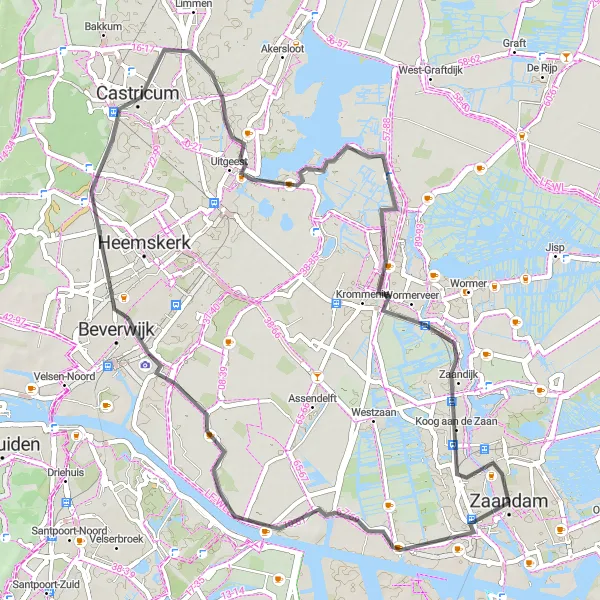 Miniatuurkaart van de fietsinspiratie "Langs waterrijke paden naar Zaandam" in Noord-Holland, Netherlands. Gemaakt door de Tarmacs.app fietsrouteplanner