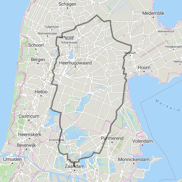 Map miniature of "The Woude Loop" cycling inspiration in Noord-Holland, Netherlands. Generated by Tarmacs.app cycling route planner