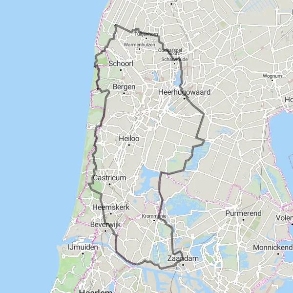 Map miniature of "The Noord-Holland Adventure" cycling inspiration in Noord-Holland, Netherlands. Generated by Tarmacs.app cycling route planner