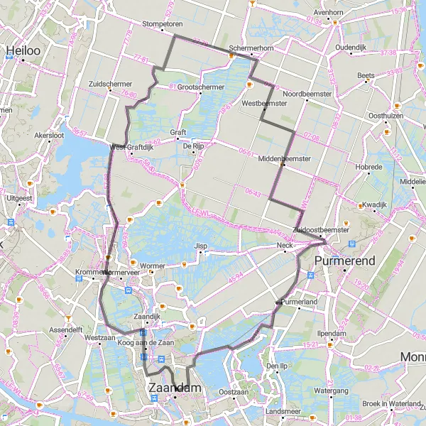 Map miniature of "Charming Bike Tour to Westbeemster from Zaandam" cycling inspiration in Noord-Holland, Netherlands. Generated by Tarmacs.app cycling route planner