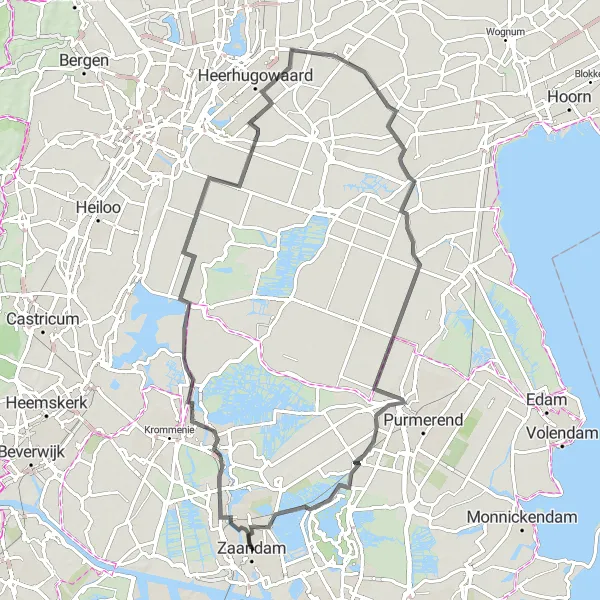 Map miniature of "Picturesque Bike Tour to Het Twiske from Zaandam" cycling inspiration in Noord-Holland, Netherlands. Generated by Tarmacs.app cycling route planner