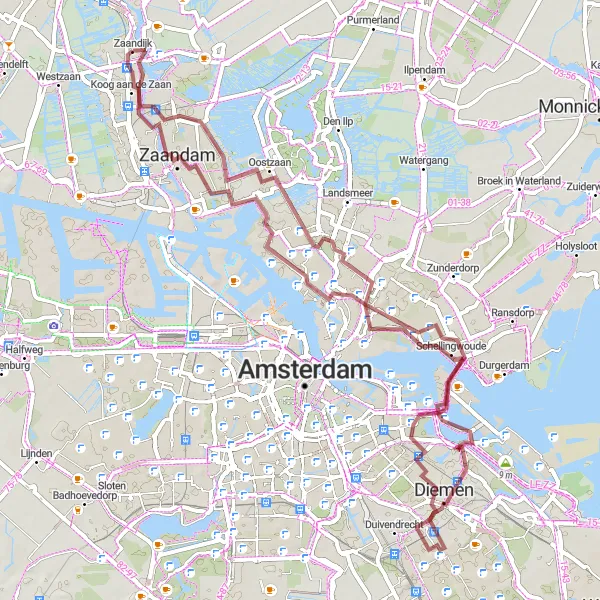 Miniatuurkaart van de fietsinspiratie "Gravelroute vanuit Zaandijk via Schellingwoude en Zaandam" in Noord-Holland, Netherlands. Gemaakt door de Tarmacs.app fietsrouteplanner