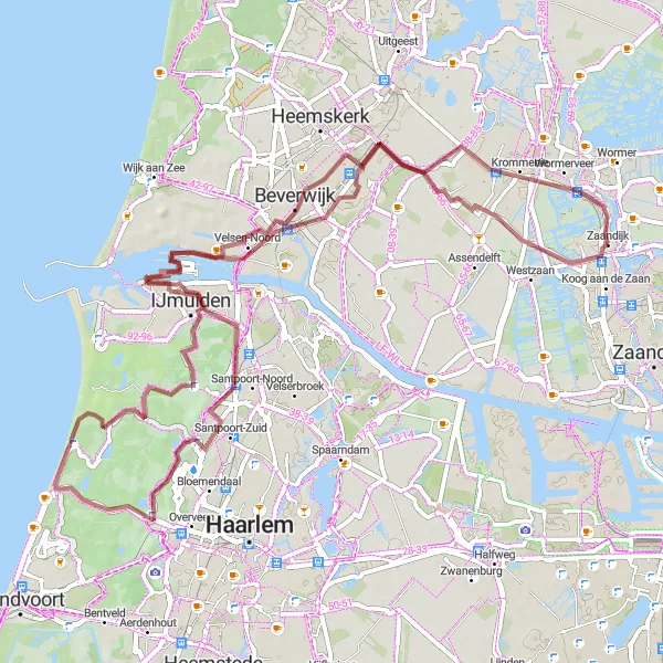 Map miniature of "The Coastal Gravel Route" cycling inspiration in Noord-Holland, Netherlands. Generated by Tarmacs.app cycling route planner