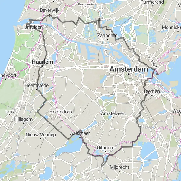Map miniature of "The Road Less Traveled" cycling inspiration in Noord-Holland, Netherlands. Generated by Tarmacs.app cycling route planner