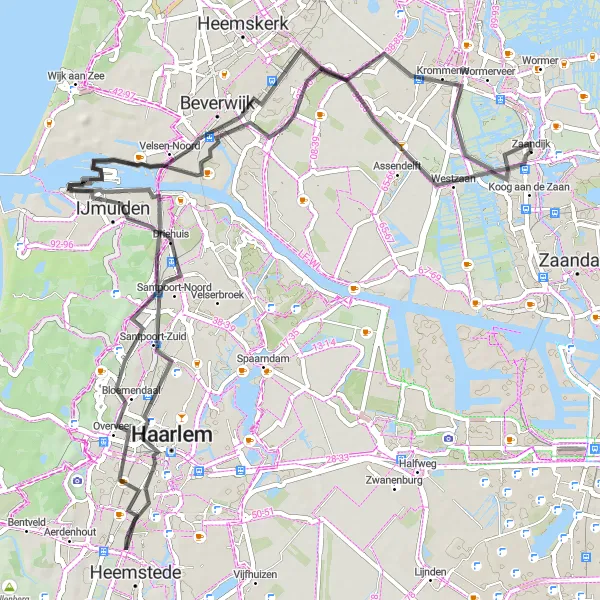 Map miniature of "Zaandijk to Velsen-Noord" cycling inspiration in Noord-Holland, Netherlands. Generated by Tarmacs.app cycling route planner