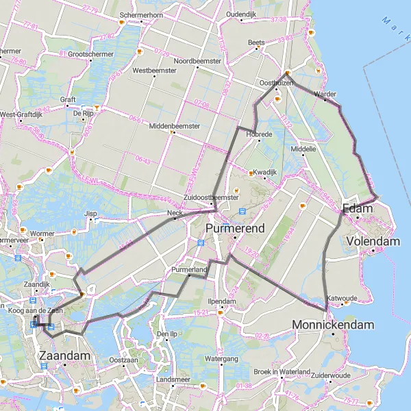 Map miniature of "The Nature and Farmlands Ride" cycling inspiration in Noord-Holland, Netherlands. Generated by Tarmacs.app cycling route planner