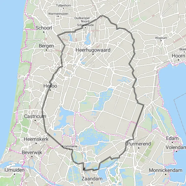 Map miniature of "Exploring the Polders and Coastal Scenery" cycling inspiration in Noord-Holland, Netherlands. Generated by Tarmacs.app cycling route planner