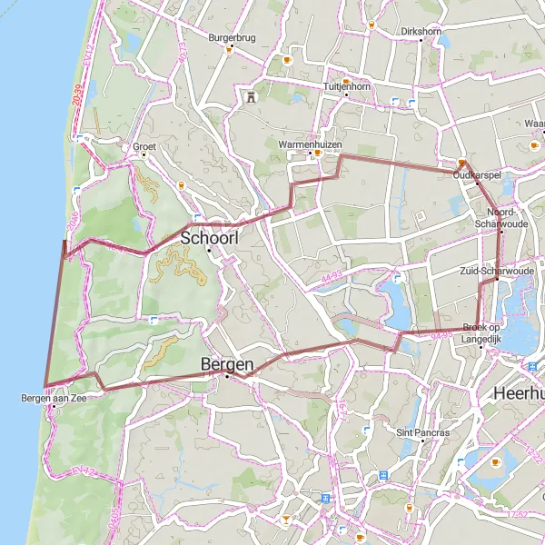 Map miniature of "Schoorl and Klimduin Gravel Route" cycling inspiration in Noord-Holland, Netherlands. Generated by Tarmacs.app cycling route planner