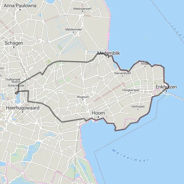 Map miniature of "The Coastal Connection" cycling inspiration in Noord-Holland, Netherlands. Generated by Tarmacs.app cycling route planner