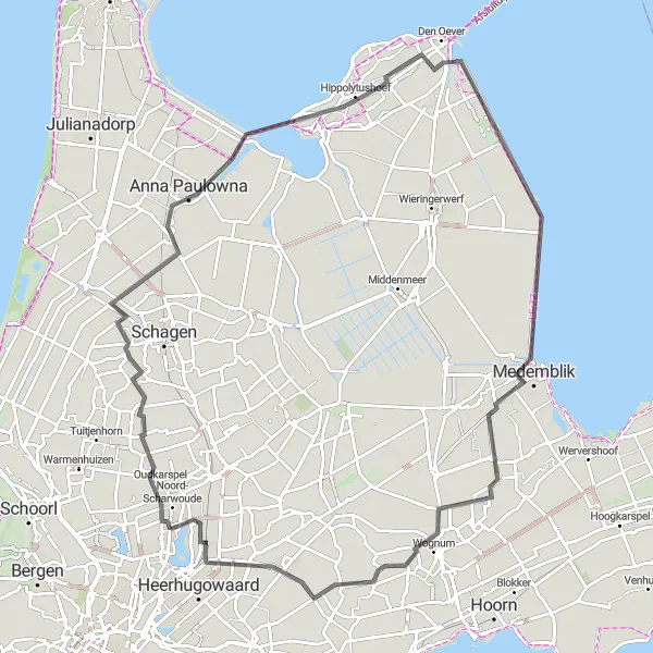 Map miniature of "The Barnewiel Breeze" cycling inspiration in Noord-Holland, Netherlands. Generated by Tarmacs.app cycling route planner