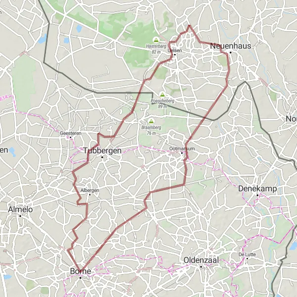 Map miniature of "The Challenging Gravel Route around Borne" cycling inspiration in Overijssel, Netherlands. Generated by Tarmacs.app cycling route planner