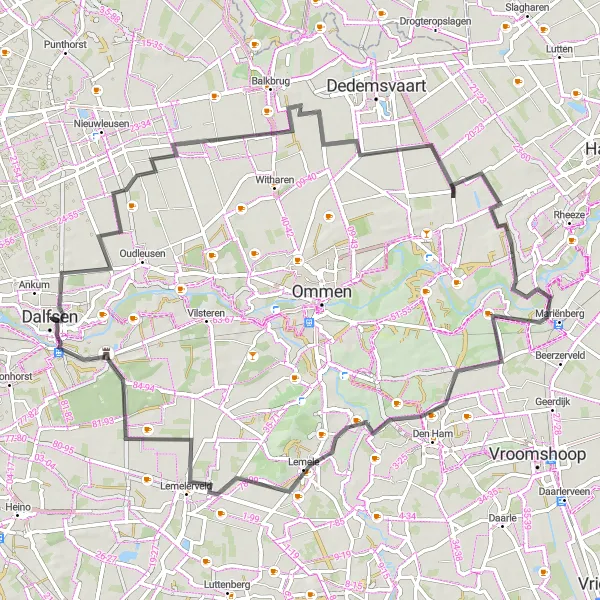 Map miniature of "Vinkenbuurt - Distelbelt - Beerze - Lemele - Lemelerberg - Kasteel Rechteren" cycling inspiration in Overijssel, Netherlands. Generated by Tarmacs.app cycling route planner