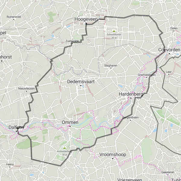 Miniatuurkaart van de fietsinspiratie "Wegroute van Dalfsen naar Rechteren via Uitkijktoren de Stokte, Gramsbergen" in Overijssel, Netherlands. Gemaakt door de Tarmacs.app fietsrouteplanner