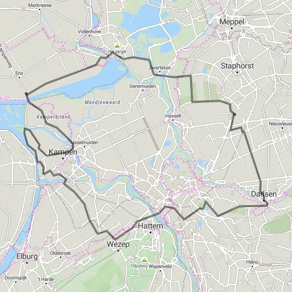 Miniatuurkaart van de fietsinspiratie "Wegroute van Dalfsen naar Kamperveen via Mataram, Wezep, Kampen" in Overijssel, Netherlands. Gemaakt door de Tarmacs.app fietsrouteplanner