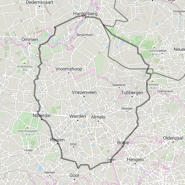 Map miniature of "The Hills and Valleys" cycling inspiration in Overijssel, Netherlands. Generated by Tarmacs.app cycling route planner