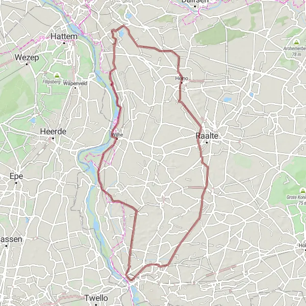 Map miniature of "The Gravel Route through Eikelhof, Windesheim, Heino, and Schalkhaar" cycling inspiration in Overijssel, Netherlands. Generated by Tarmacs.app cycling route planner