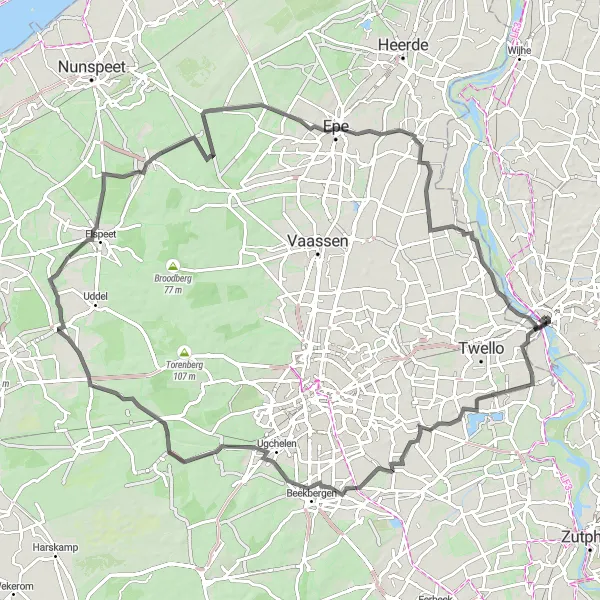 Map miniature of "Scenic Road Expedition to Posterenk, Lieren, Assel, and Vierhouten" cycling inspiration in Overijssel, Netherlands. Generated by Tarmacs.app cycling route planner