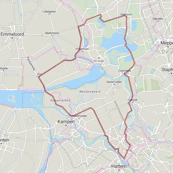 Map miniature of "Zwolle's Hidden Gems" cycling inspiration in Overijssel, Netherlands. Generated by Tarmacs.app cycling route planner