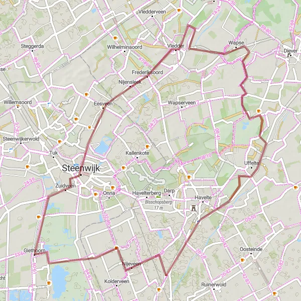 Miniatuurkaart van de fietsinspiratie "Grindtocht naar Havelte en Nijeveen" in Overijssel, Netherlands. Gemaakt door de Tarmacs.app fietsrouteplanner