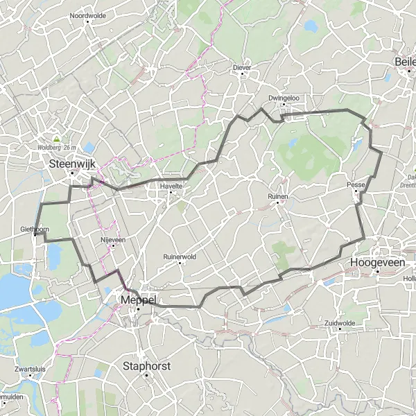 Map miniature of "Giethoorn Adventure" cycling inspiration in Overijssel, Netherlands. Generated by Tarmacs.app cycling route planner