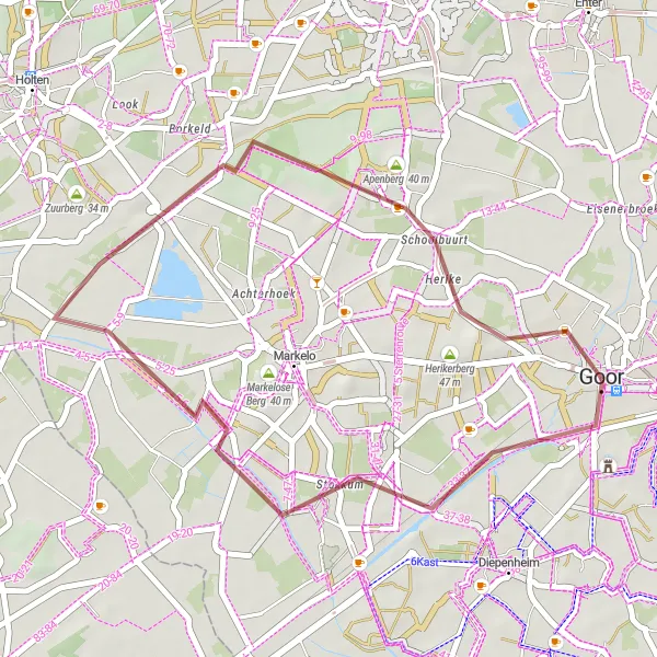 Miniatuurkaart van de fietsinspiratie "Gravelavontuur door Markelosebroek en Friezenberg" in Overijssel, Netherlands. Gemaakt door de Tarmacs.app fietsrouteplanner