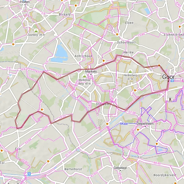 Map miniature of "Gravel Escape: Weldam to Markelo Loop" cycling inspiration in Overijssel, Netherlands. Generated by Tarmacs.app cycling route planner