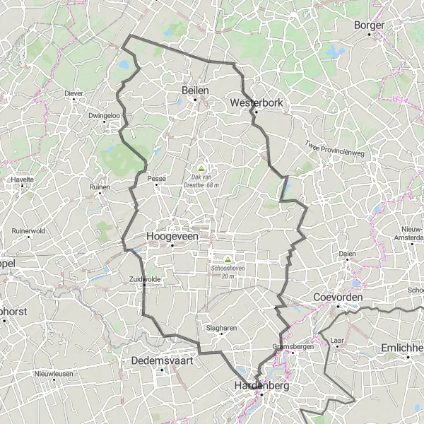 Map miniature of "Picturesque Road Cycling Route in Drenthe" cycling inspiration in Overijssel, Netherlands. Generated by Tarmacs.app cycling route planner