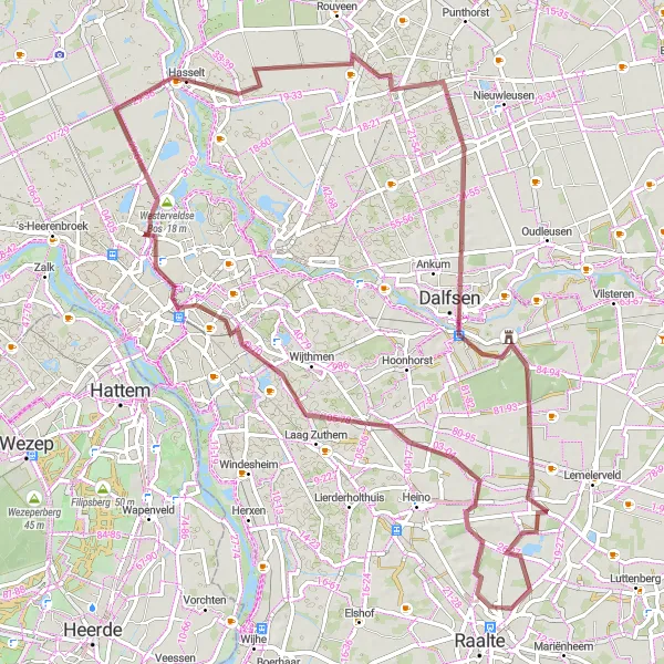 Miniatuurkaart van de fietsinspiratie "Gravelroute rond Hasselt en Zwolle" in Overijssel, Netherlands. Gemaakt door de Tarmacs.app fietsrouteplanner