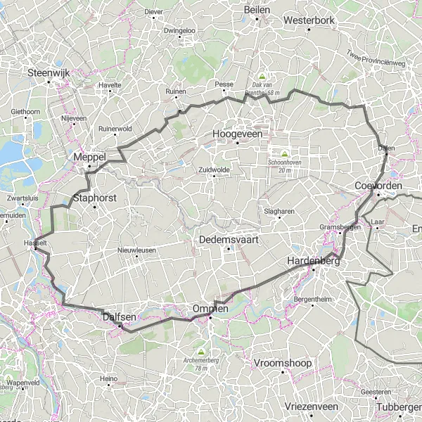 Miniatuurkaart van de fietsinspiratie "Uitdagende roadtrip door Drenthe en Overijssel" in Overijssel, Netherlands. Gemaakt door de Tarmacs.app fietsrouteplanner