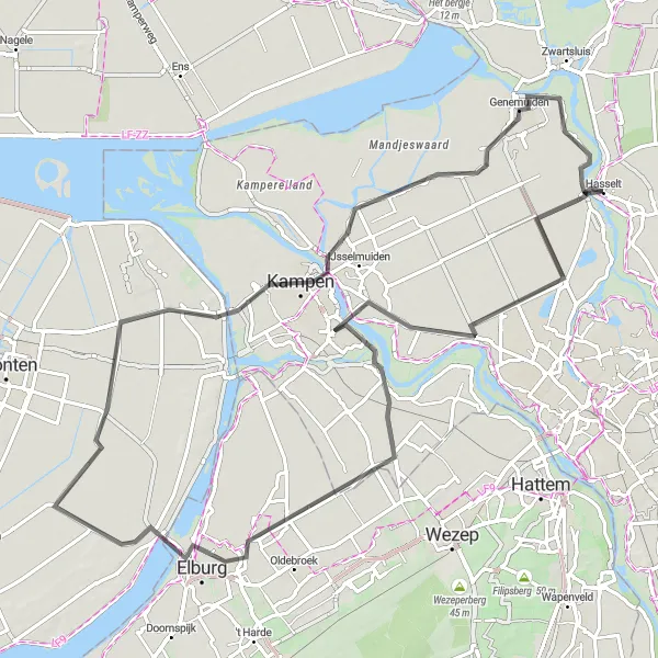 Miniatuurkaart van de fietsinspiratie "Wegentocht langs Oosterwolde en Kampen" in Overijssel, Netherlands. Gemaakt door de Tarmacs.app fietsrouteplanner