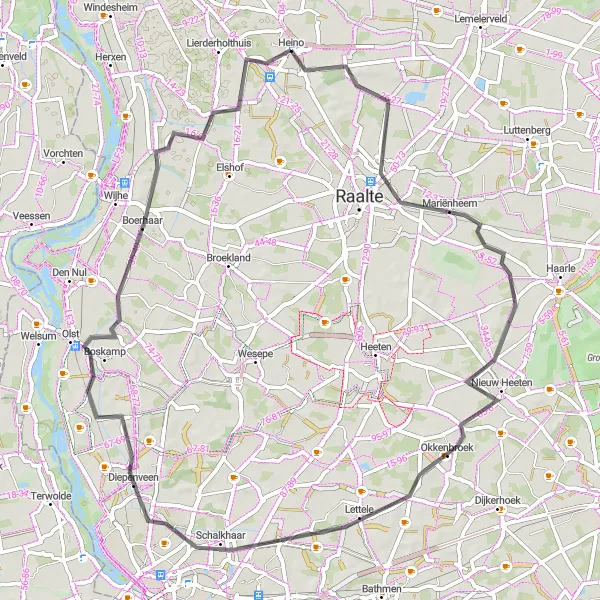 Map miniature of "The Three Villages Loop" cycling inspiration in Overijssel, Netherlands. Generated by Tarmacs.app cycling route planner