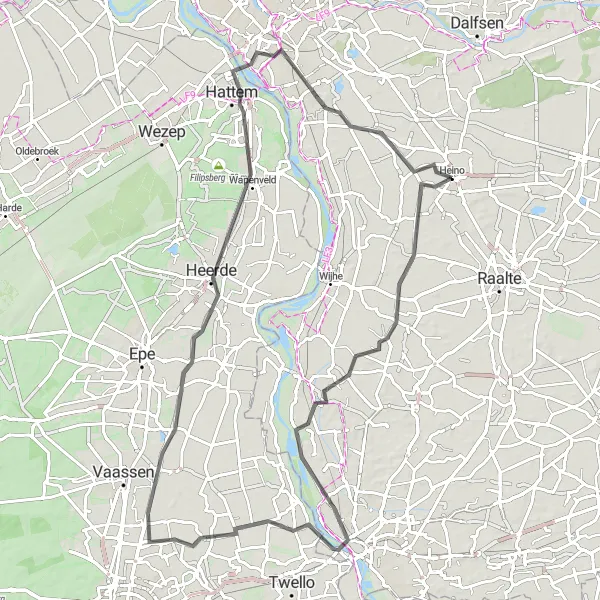 Map miniature of "The River Ride" cycling inspiration in Overijssel, Netherlands. Generated by Tarmacs.app cycling route planner