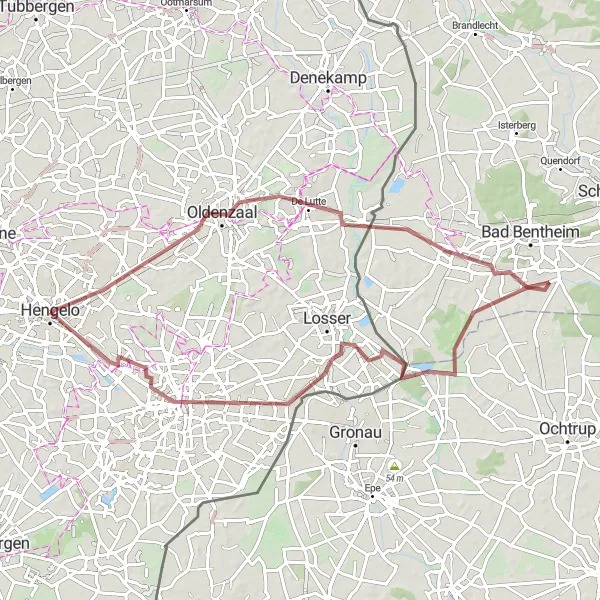 Map miniature of "Scenic Gravel Tour from Hengelo to Enschede" cycling inspiration in Overijssel, Netherlands. Generated by Tarmacs.app cycling route planner